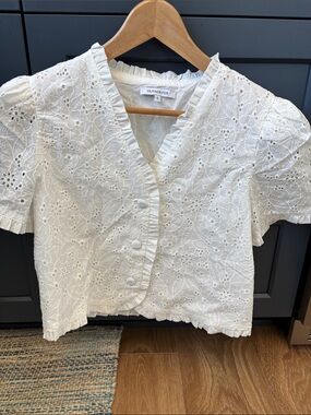 Olivaceous White Eyelet Ruffle-Trim Button Front Blouse